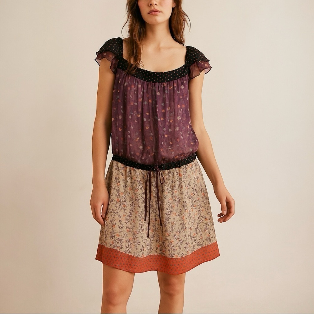 FOR LOVE AND LIBERTY x JOHNNY WAS Silk Mixed Print‎ Ruffle Sleeve Dress